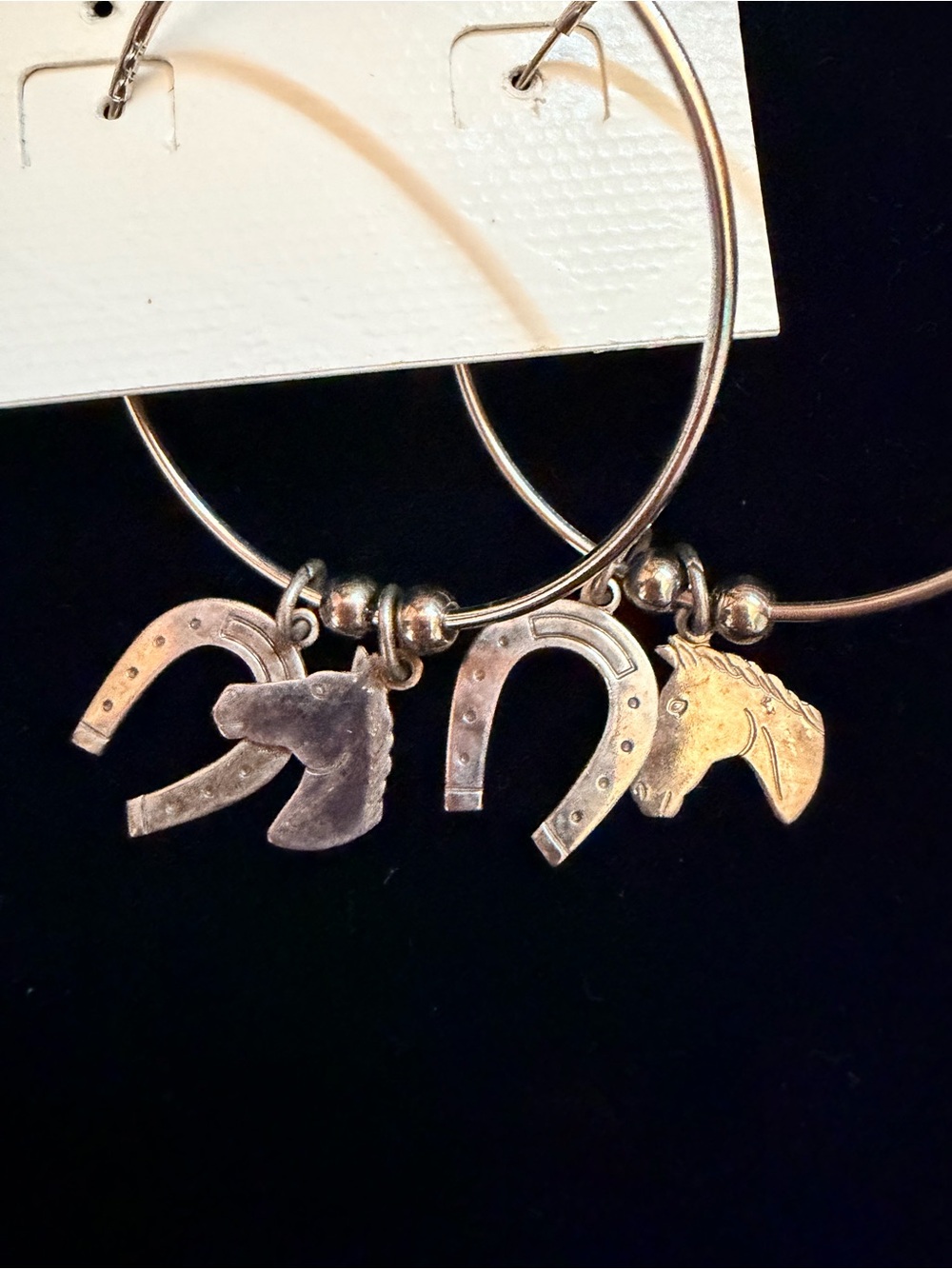 Vintage Dead-stock Horse & Horseshoe Charm Hoop Earrings - Silver
